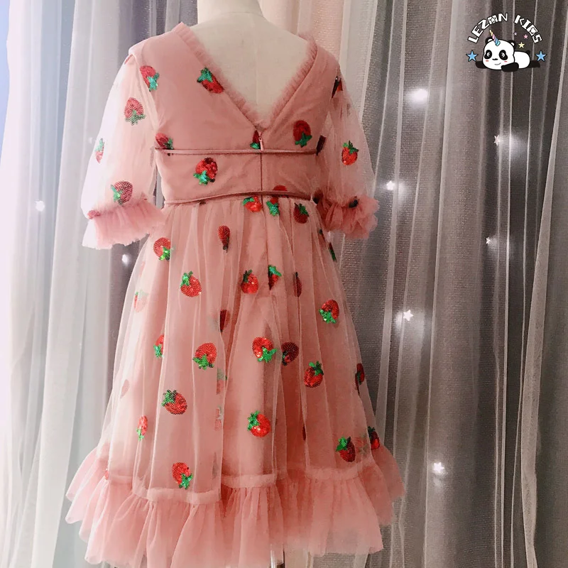 LEZONKIDS - Vestido de Tule com Brilho de Morango Rosa Personalizável para Meninas, Vestido de Festa de Aniversário para Crianças